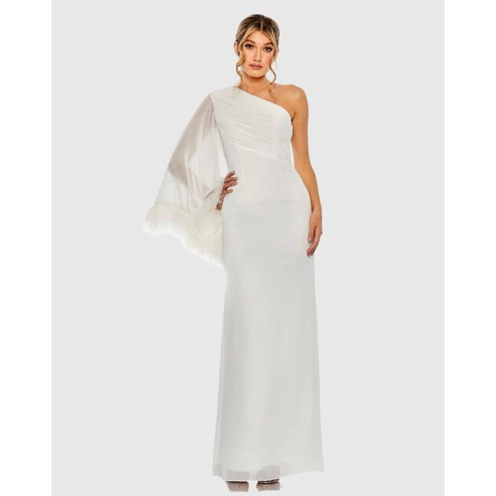 New Mac Duggal Size 6 White 11442 Feather Cuff One Shoulder Gown Dress Wedding